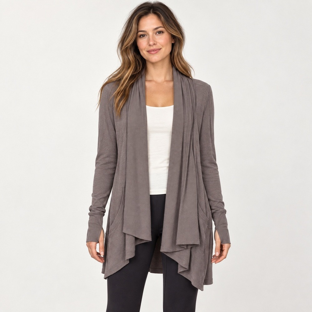 Athleta Pranayama Wrap Cardigan XS Mauve Taupe Open Front Thumbholes Pockets